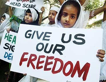 Muslim girls participate in a demonstration in Mumbai