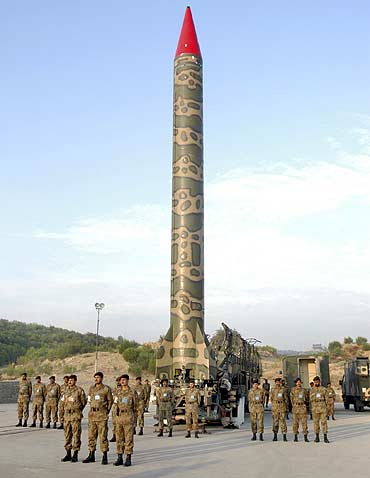 Pakistani soldiers stand near nuclear-capable ballistic Gauri at an undisclosed location