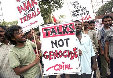 CPI-ML activists in Kolkata protest government action in Lalgarh, West Bengal.