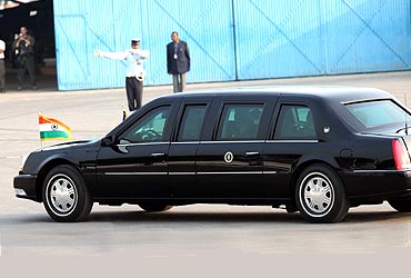 US President Obama and his wife Michelle Obama leave in a special Cadillac Car for Humayan's Tomb