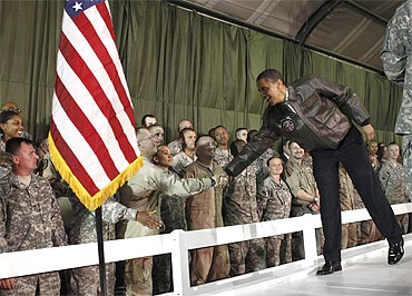 US President Obama meets with American troops at Bagram Air Base in Kabul