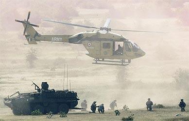 An Indian Army Dhruv helicopter during Yudh Abhyas 09, a joint Indo-US training exercise in Babina