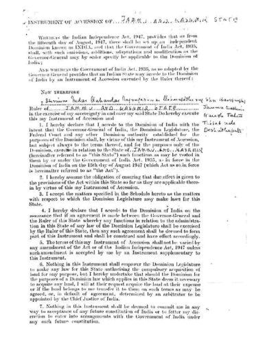 The so-called Instrument of Accession that Hari Singh is said to have signed