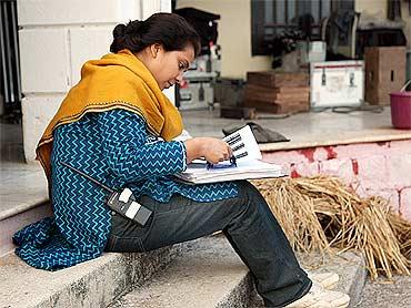 Anusha Rizvi while shooting for the film in a village in Madhya Pradesh