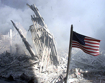 An American flag flies near the base of the destroyed World Trade Centre in New York City