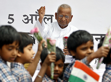 Social activist Anna Hazare during his fast unto death against corruption at Jantar Mantar in New Delhi
