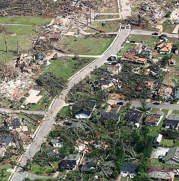 An aerial view shows the path of tornadoes that left extensive damage to all things in its path in Tuscaloosa