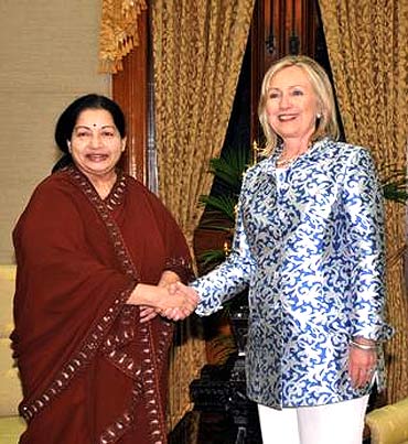 US Secretary of State Hillary Clinton is greeted by Jayalalithaa in Chennai