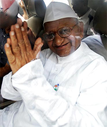 Activist Anna Hazare after being detained by police in New Delhi
