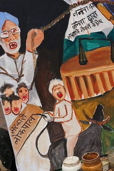 On Sunday, Alam is painting how PM, Sonia Gandhi and Lalu Prasad Yadav are trying to tighten the noose around the idea of the Lokpal as proposed by Team Anna.