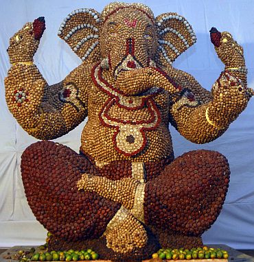 This idol of Lord Ganesh, made from 150kg of betelnut, is housed at the Makba Chawl Ganesh Mandal at Byculla West