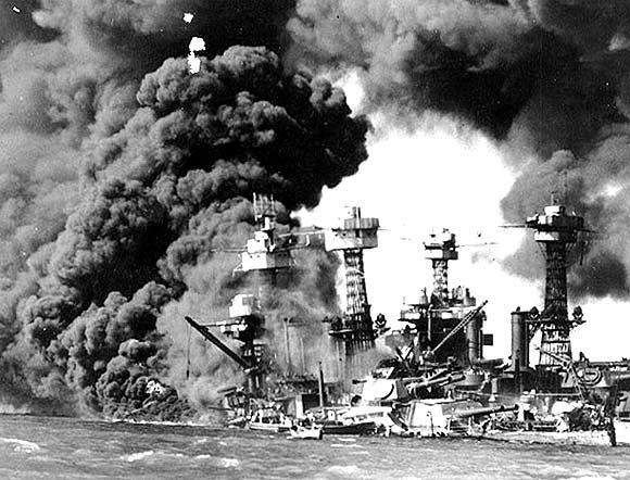 US Navy battleship USS West Virginia burns and sinks after the Japanese attack on Pearl Harbour, Hawaii December 7, 1941