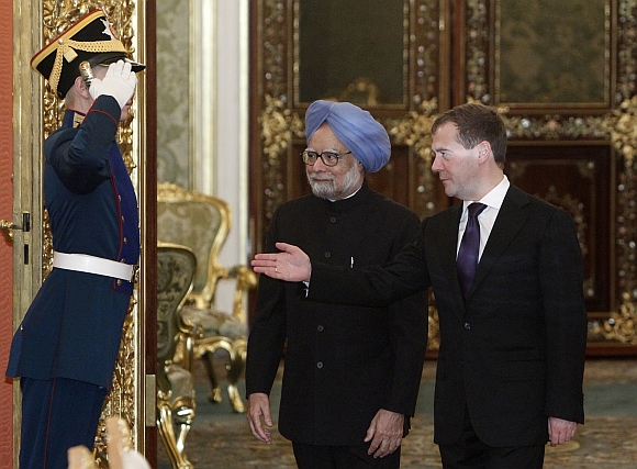 Dr Singh and Medvedev interact during thier meeting in Kremlin