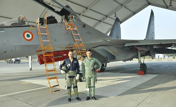 IAF chief N A K Browne with Wing Commander Anurag Sharma before the SU-30 MKI flight