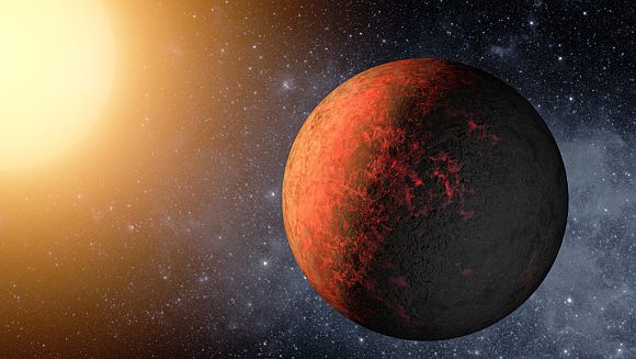 Kepler-20e is the smallest planet found to date orbiting a Sun-like star. It circles its star every 6.1 days at a distance of 4.7 million miles. At that distance, its temperature is expected to be about 1,400 degrees F. This is an artist's rendering.