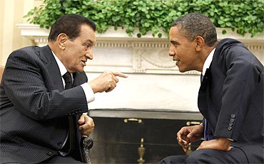 File picture of US President Barack Obama (R) meeting with Egypt's President Hosni Mubarak at the White House