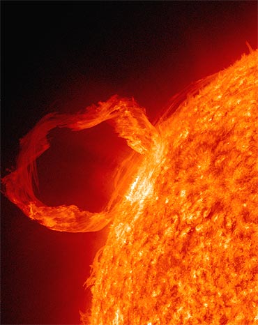 A prominence eruption from the sun is seen in this image taken by the Solar Dynamics Observatory