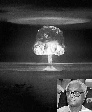 A nuclear explosion. Inset: The legendary K Subrahmanyam