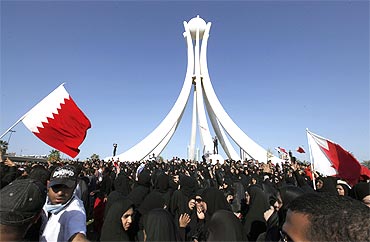 Thousands of protesters gather at Pearl Roundabout in the heart of the Bahraini capital Manama