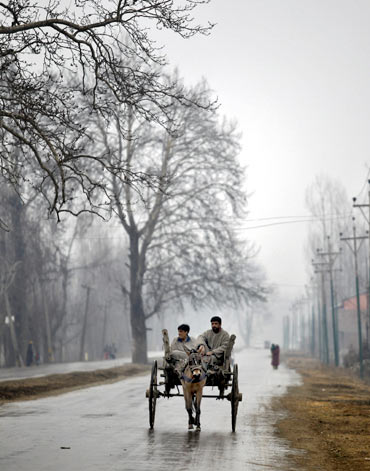 People travel on a mule-driven cart on a cold day in the outskirts of Srinagar