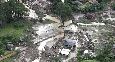 An aerial view shows a landslide-affected area in Teresopolis