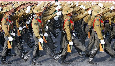 Soldiers march during the Army Day parade in New Delhi