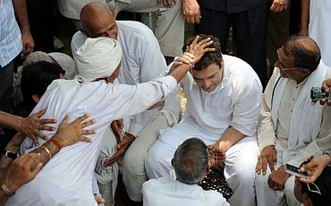 A village elder blesses Rahul Gandhi