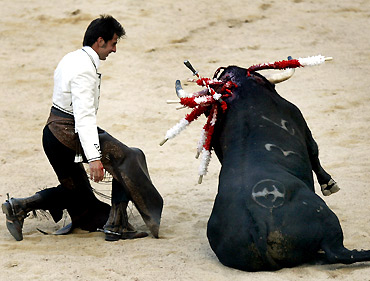 Rejoneador (bullfighter on horseback) Roberto Armendariz performs at the San Fermin Festival