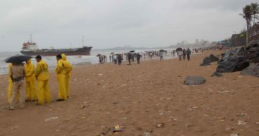 People gather at the beach to watch the stranded ship