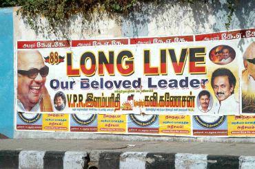 Poster wishing the DMK chief and his son MK Stalin