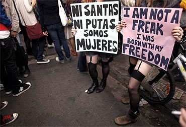 Women take part in the Marcha das Vagabundas (SlutWalk) protest in Sao Paulo