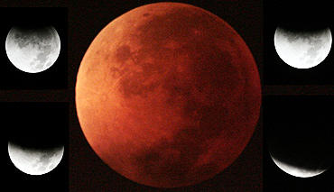 The moon enters into the earth's shadow from fully lit to a total lunar eclipse