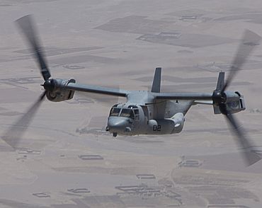 A US Marine Corps V-22 Osprey aircraft flies between Camp Leatherneck and Village Stabilization Platform (VSP) Hyderabad in Helmand Province, Afghanistan. A command contingent from Regional Command Southwest toured VSP Hyderabad, a new International Security Assistance Force outpost in Helmand Province