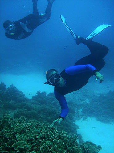 Vassen Kauppaymuthoo, an oceanographer, inspects the coral at Blue Bay Marine Reserve, south of Mauritius