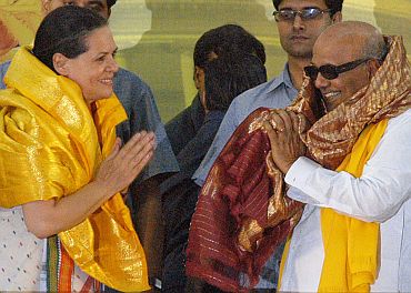 Congress chief Sonia Gandhi with DMK supremo M Karunanidhi at a function in Chennai