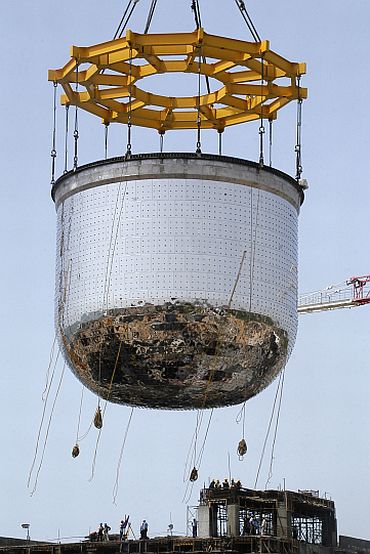 A nearly 200 ton nuclear reactor safety vessel is erected at Indira Gandhi Centre for Atomic Research at Kalpakkam
