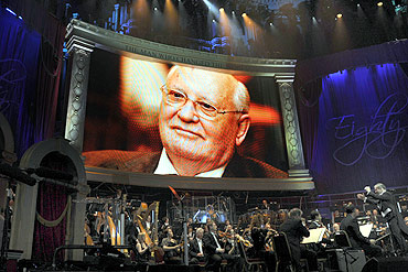 The London Symphony Orchestra play at a concert to honour Mikhail Gorbachev at the Royal Albert Hall
