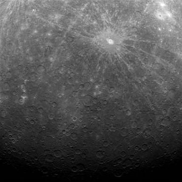 Mercury is seen in the first image ever obtained from a spacecraft in orbit about Mercury, by NASA's Messenger probe