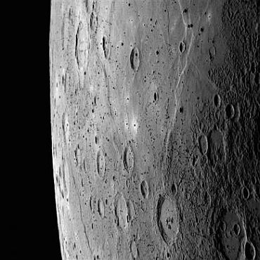 The planet Mercury as seen by the Messenger spacecraft during its October 6, 2008 fly-by. A large region of smooth plains can be seen in the upper portion of this image, extending to the north
