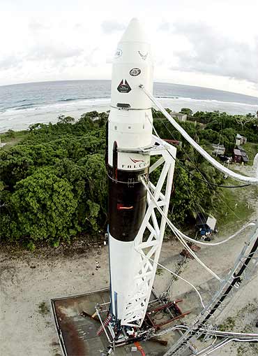 A Falcon 1 rocket sits on the launch pad awaiting liftoff at the U S Military's Ballistic Missile Test Site in Marshall Islands