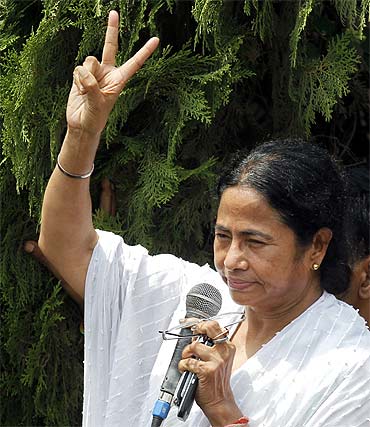 West Bengal chief minister-designate Mamata Banerjee thanks supporters after her party won the assembly elections on May 13, in Kolkata