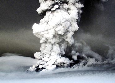 Smoke rises from the Grimsvotn volcano, under the Vatnajokull glacier