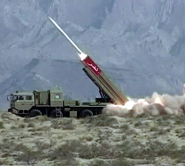 A handout image shows a Hatf IX (NASR) missile being fired during a test at an undisclosed location in Pakistan. Pakistan on April 11 test fired a newly developed short range surface to surface ballistic missile capable of delivering nuclear warheads, the military said