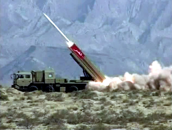 This still image from a handout video shows a Hatf IX missile being fired during a test at an undisclosed location in Pakistan
