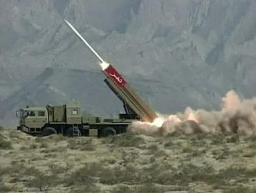 Still image from a Pakistan military handout video shows a Hatf IX (NASR) missile being fired during a test at an undisclosed location in Pakistan