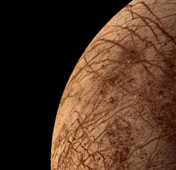 This color image of the Jovian moon Europa was acquired by Voyager 2 during its close encounter on 9 July 1996.