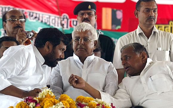 Chiefs of crucial alliance partners in the UPA I: RJD chief Lalu Prasad Yadav, SP chief Mulayam Singh and LJP chief Ram Vilas Paswan