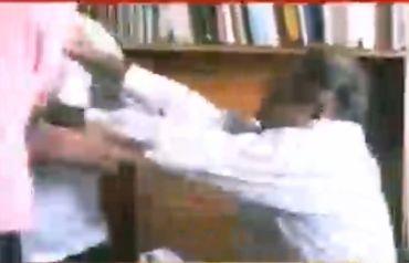 A TV grab of the attack on Prashant Bhushan