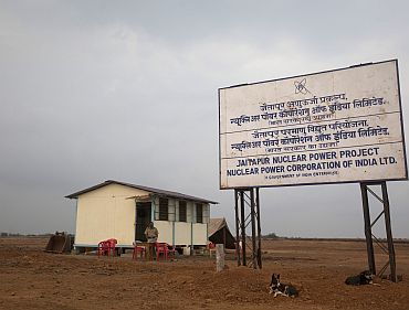 A policeman stands at a kiosk at the proposed site of the Jaitapur nuclear plant in Ratnagiri district of Maharashtra