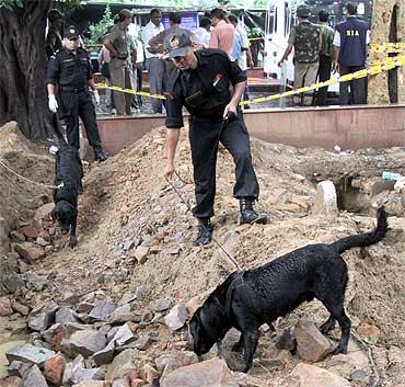 Commandos use sniffer dogs to search for evidence near the site of a bomb blast outside Delhi HC